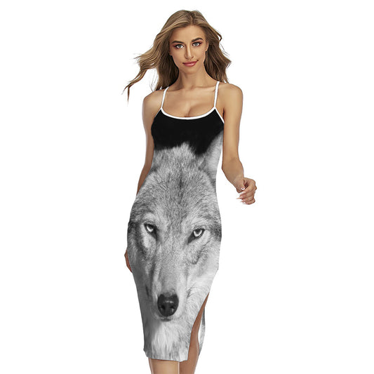Monochrome Wolf Print Cross Back Cami Dress