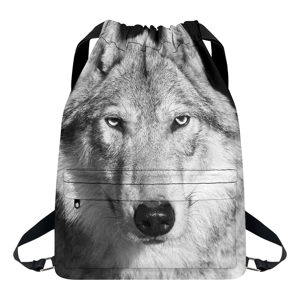 Monochrome Wolf Print Drawstring Backpack