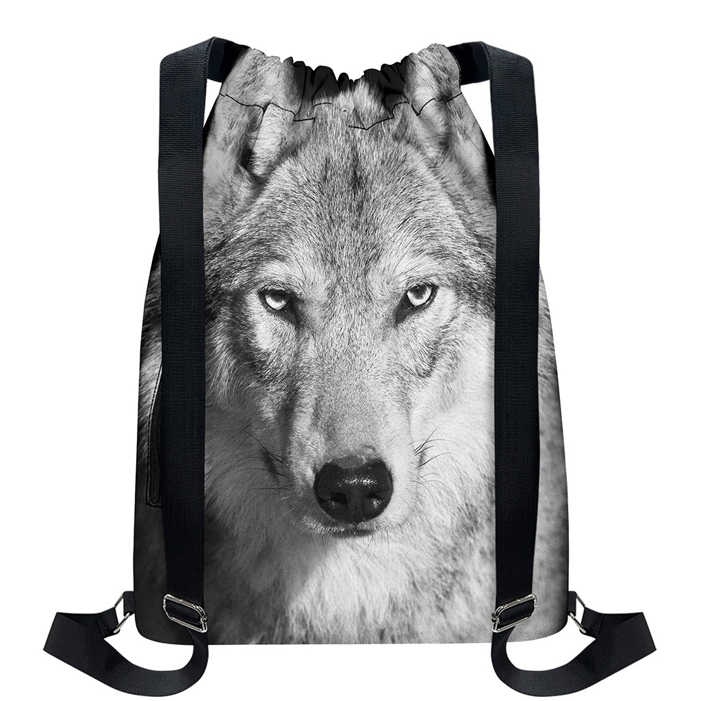 Monochrome Wolf Print Drawstring Backpack