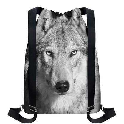 Monochrome Wolf Print Drawstring Backpack