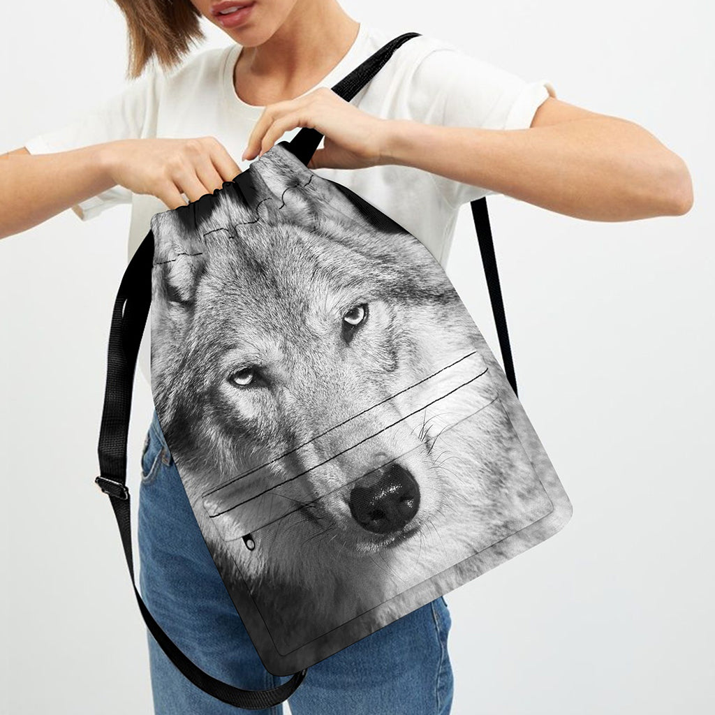 Monochrome Wolf Print Drawstring Backpack