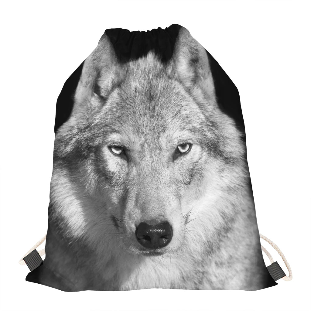 Monochrome Wolf Print Drawstring Bag