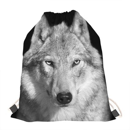 Monochrome Wolf Print Drawstring Bag