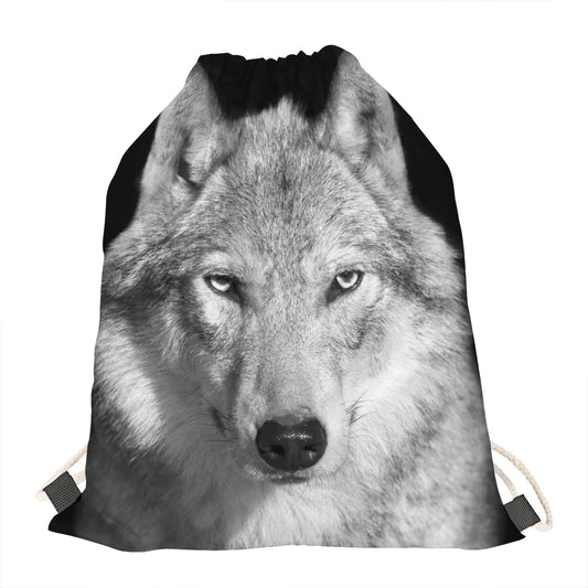 Monochrome Wolf Print Drawstring Bag