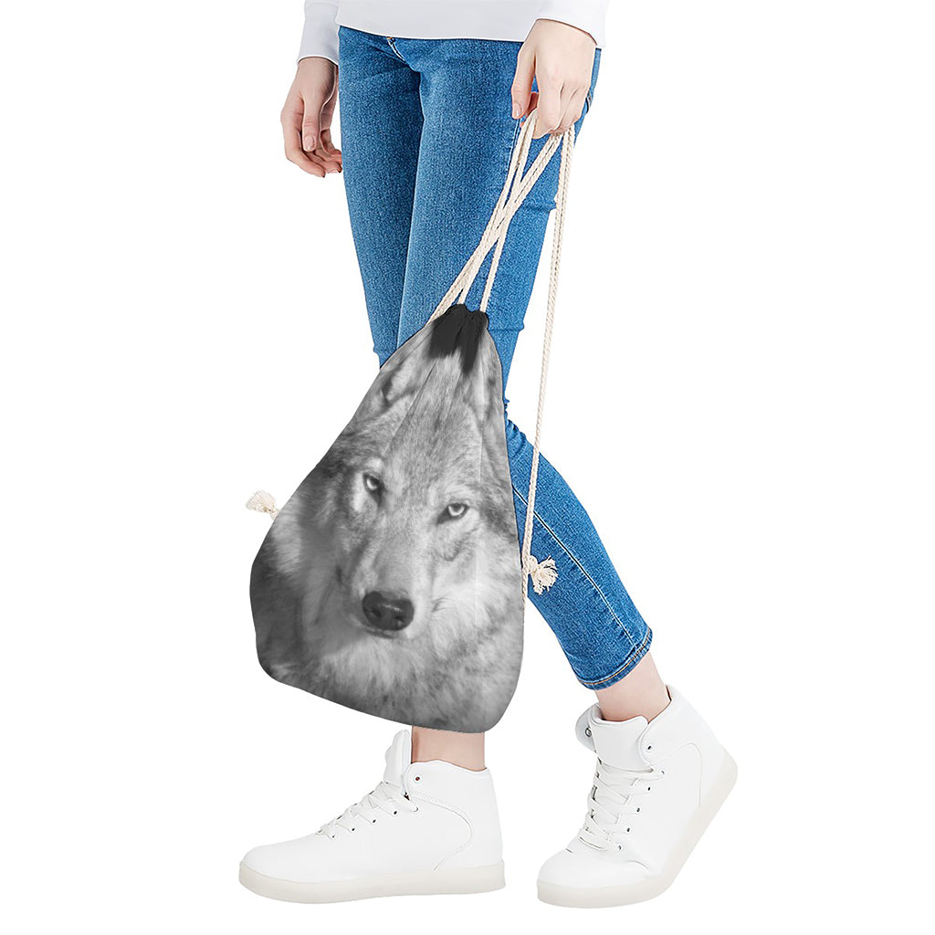 Monochrome Wolf Print Drawstring Bag