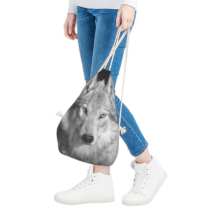 Monochrome Wolf Print Drawstring Bag