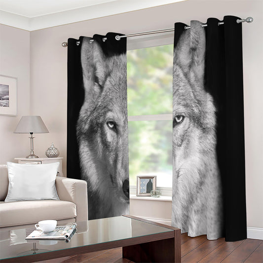 Monochrome Wolf Print Extra Wide Grommet Curtains