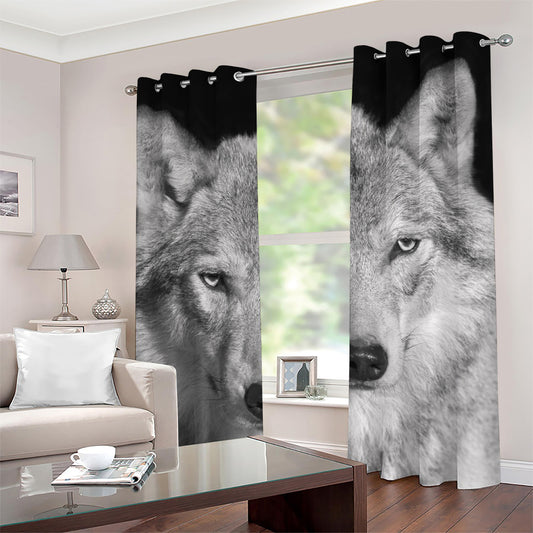 Monochrome Wolf Print Grommet Curtains