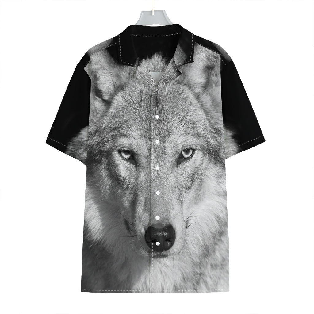 Monochrome Wolf Print Hawaiian Shirt