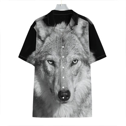 Monochrome Wolf Print Hawaiian Shirt