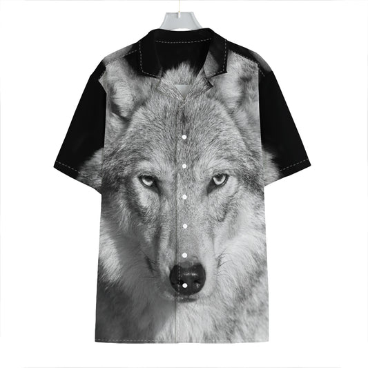 Monochrome Wolf Print Hawaiian Shirt