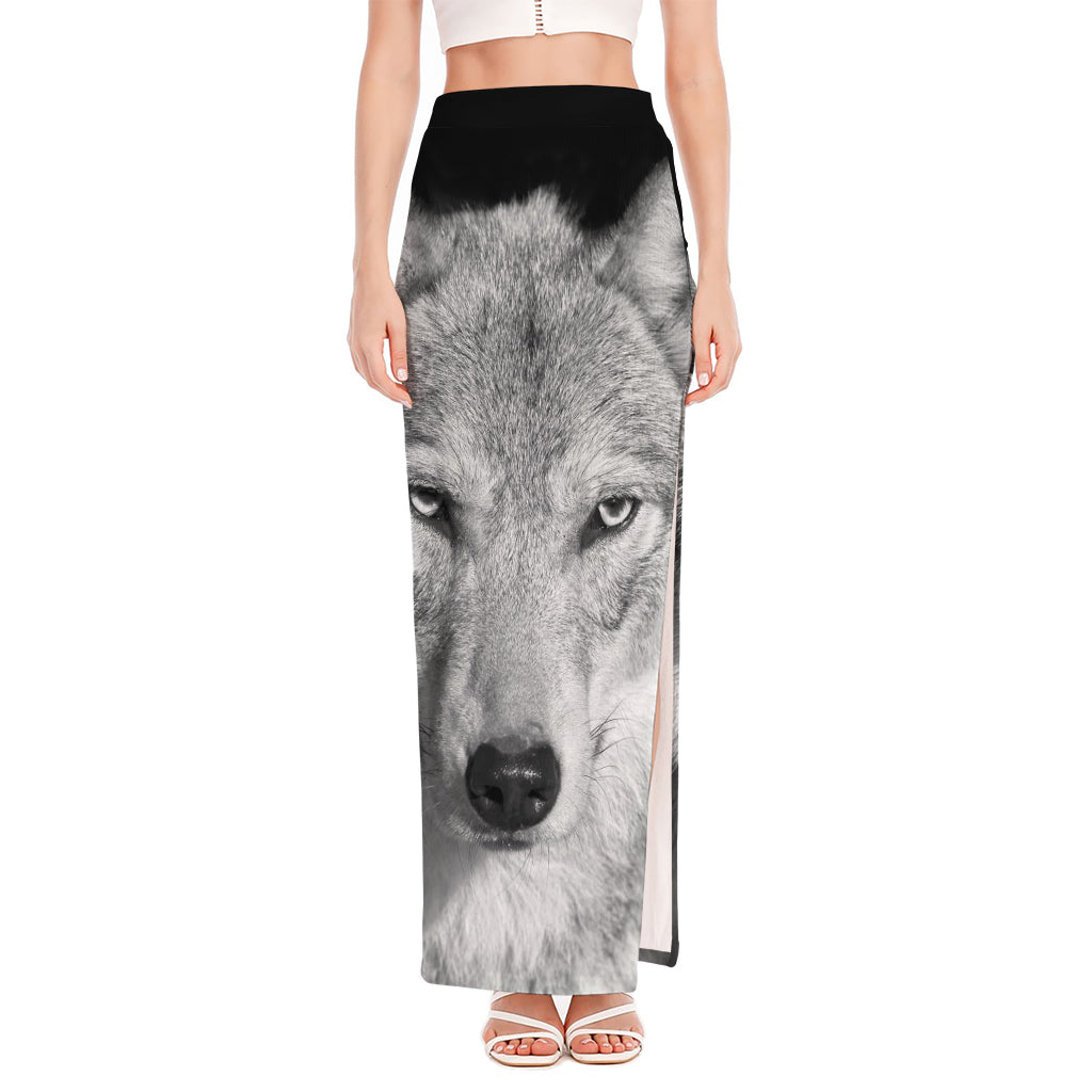 Monochrome Wolf Print High Slit Maxi Skirt