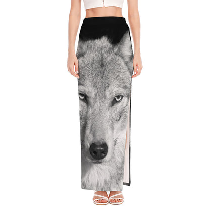 Monochrome Wolf Print High Slit Maxi Skirt
