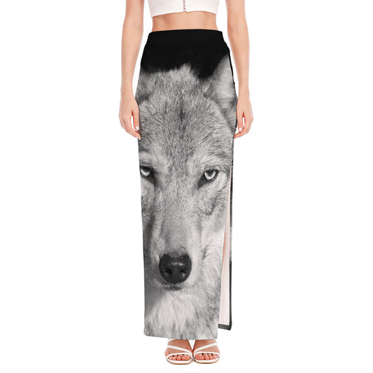 Monochrome Wolf Print High Slit Maxi Skirt