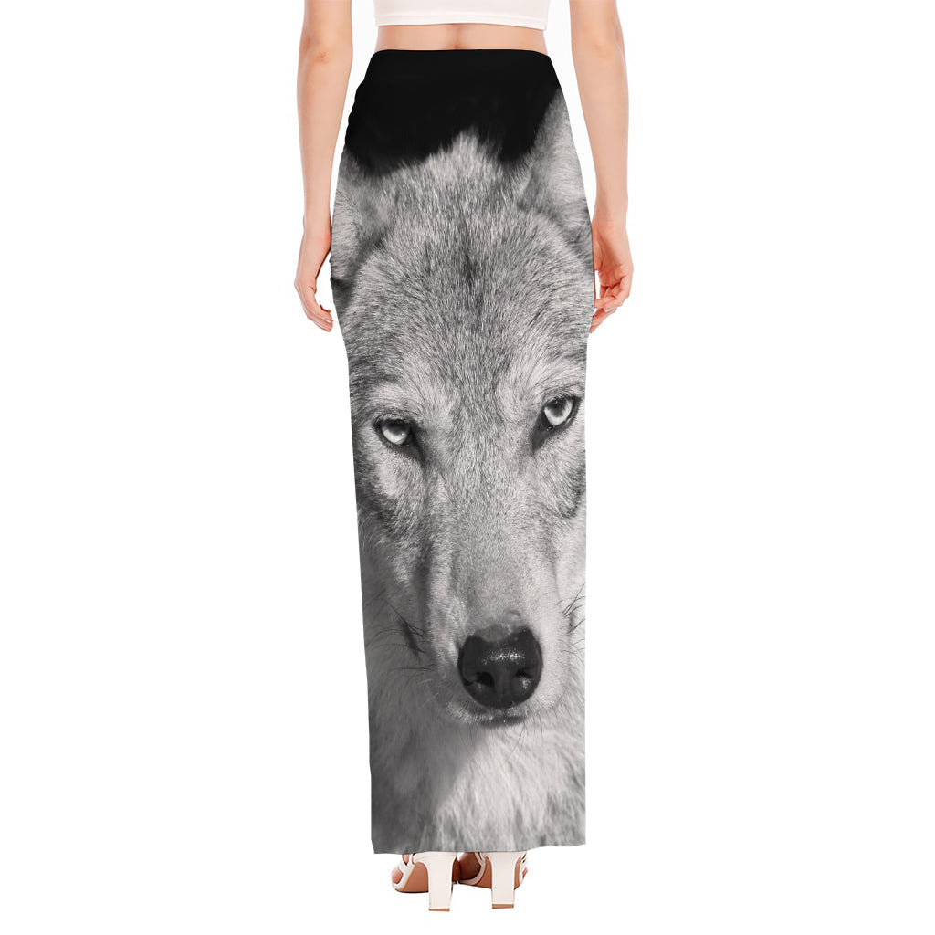 Monochrome Wolf Print High Slit Maxi Skirt