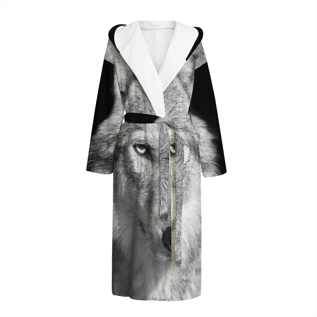 Monochrome Wolf Print Hooded Bathrobe