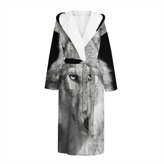 Monochrome Wolf Print Hooded Bathrobe