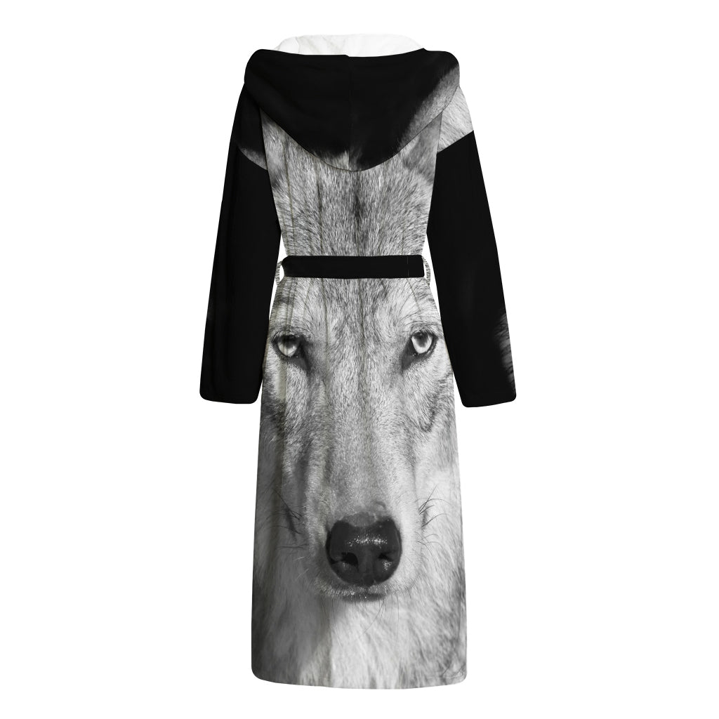 Monochrome Wolf Print Hooded Bathrobe