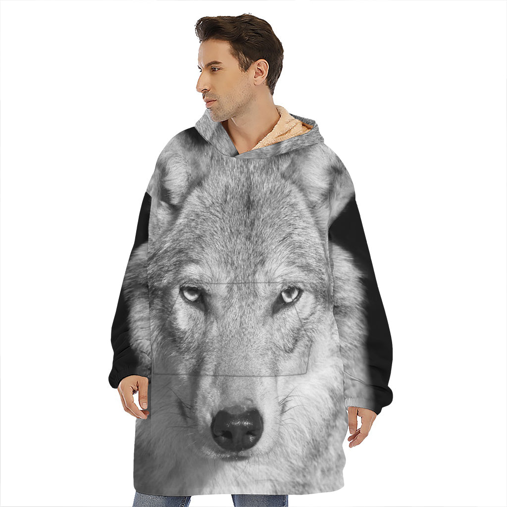 Monochrome Wolf Print Hoodie Blanket
