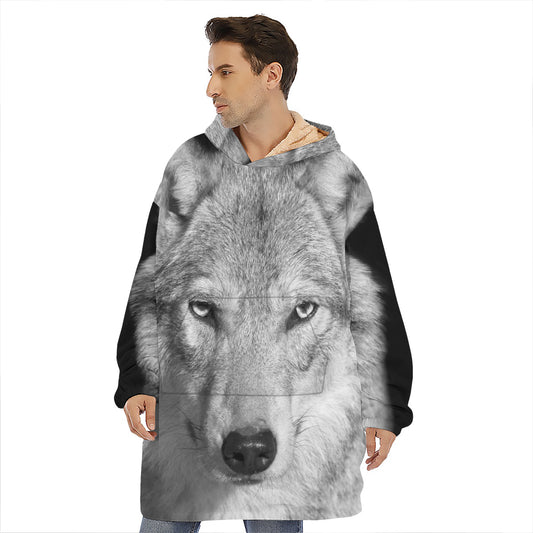 Monochrome Wolf Print Hoodie Blanket