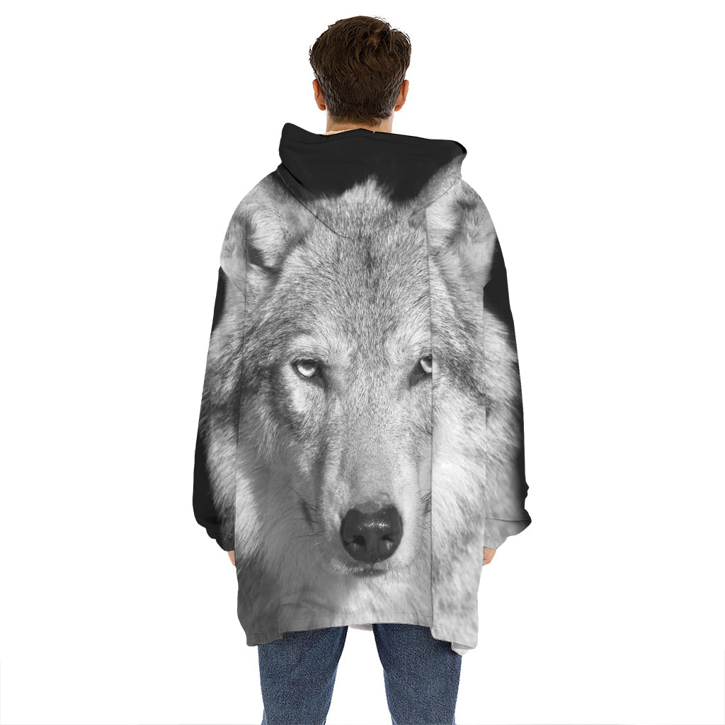 Monochrome Wolf Print Hoodie Blanket