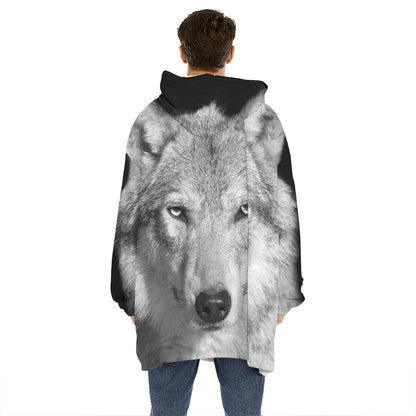 Monochrome Wolf Print Hoodie Blanket