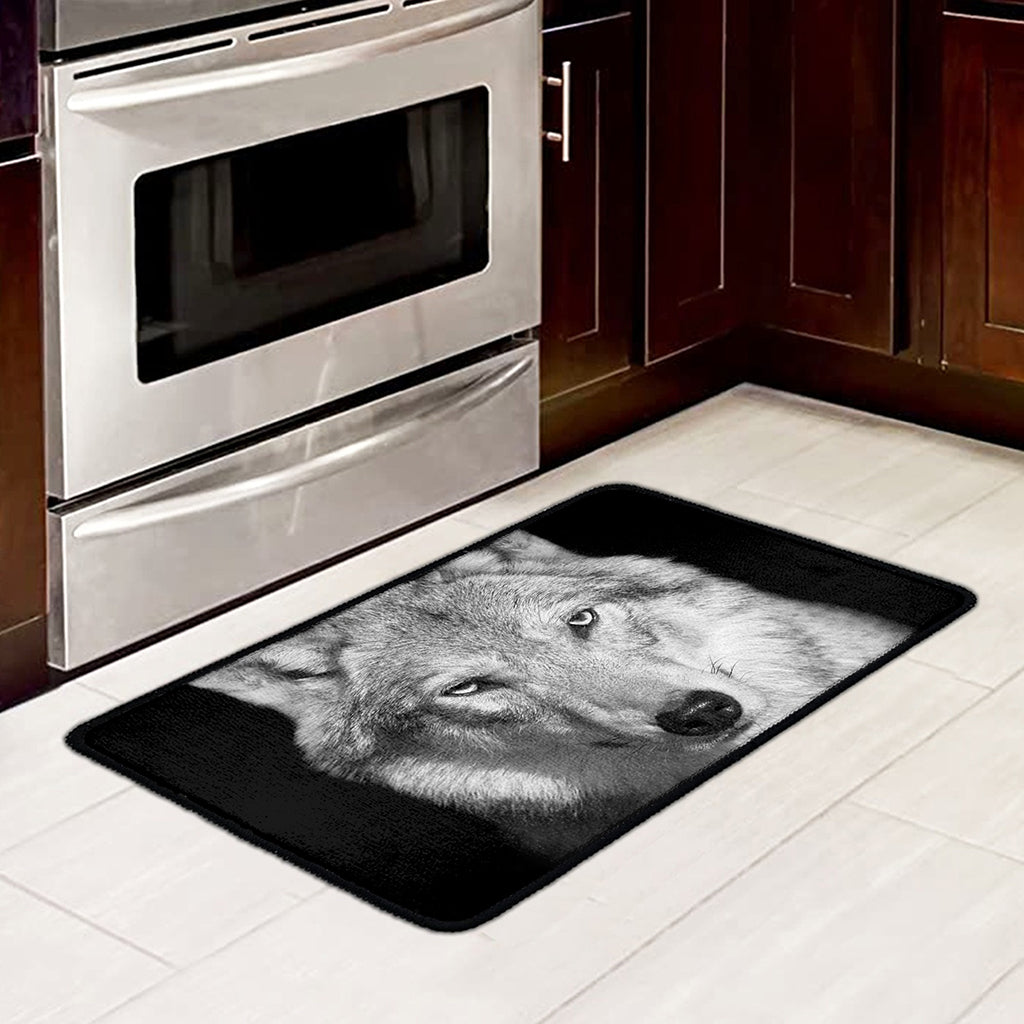 Monochrome Wolf Print Kitchen Mat