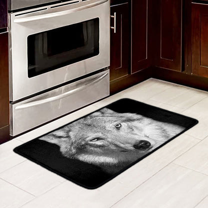 Monochrome Wolf Print Kitchen Mat