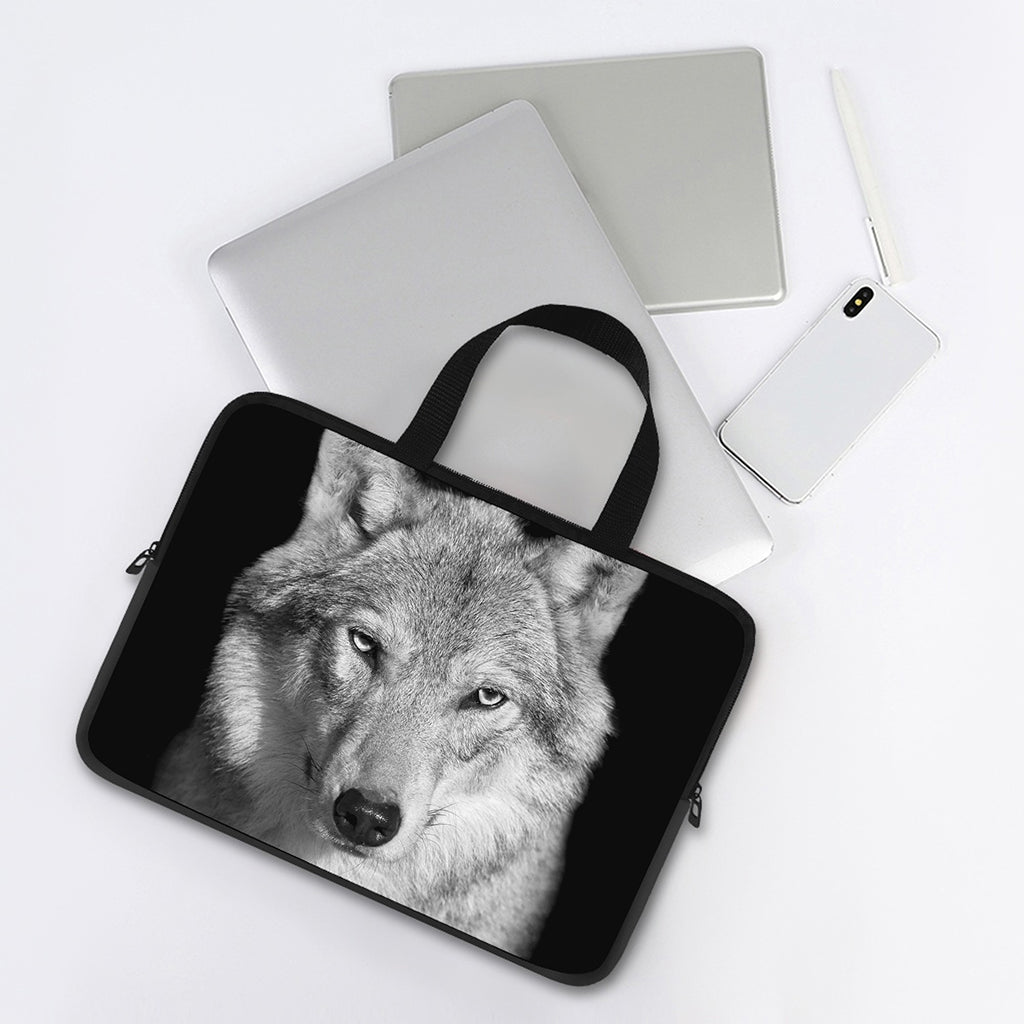Monochrome Wolf Print Laptop Sleeve With Handle
