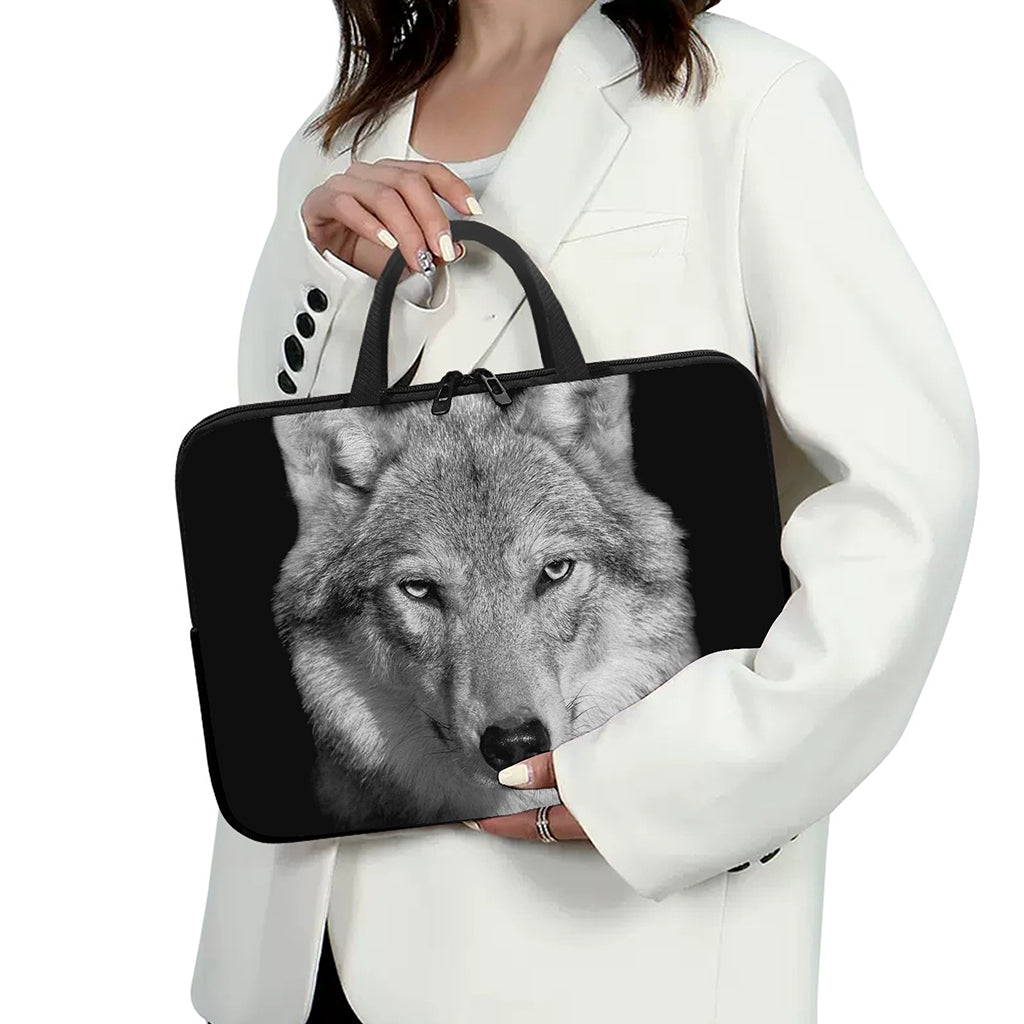 Monochrome Wolf Print Laptop Sleeve With Handle