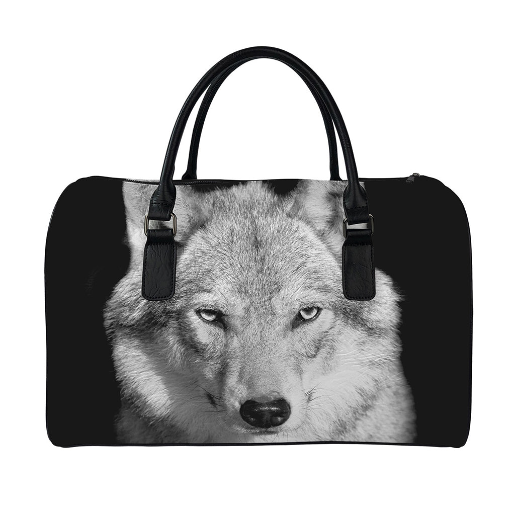 Monochrome Wolf Print Leather Duffle Bag