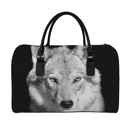 Monochrome Wolf Print Leather Duffle Bag