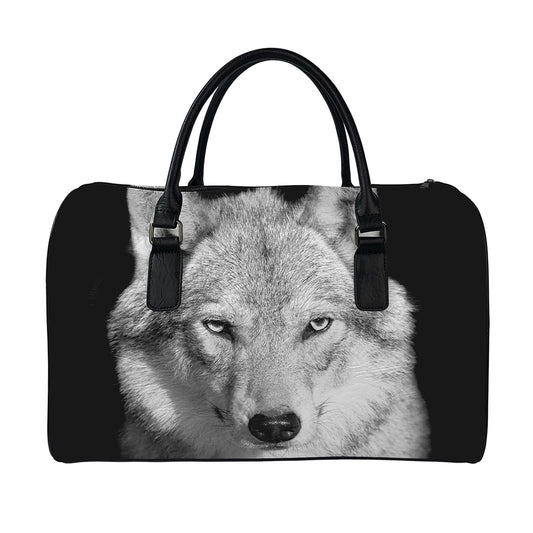 Monochrome Wolf Print Leather Duffle Bag