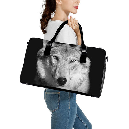 Monochrome Wolf Print Leather Duffle Bag