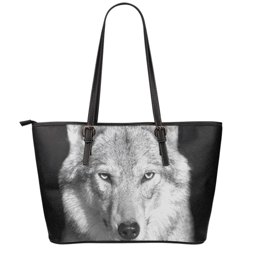 Monochrome Wolf Print Leather Tote Bag