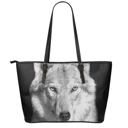 Monochrome Wolf Print Leather Tote Bag