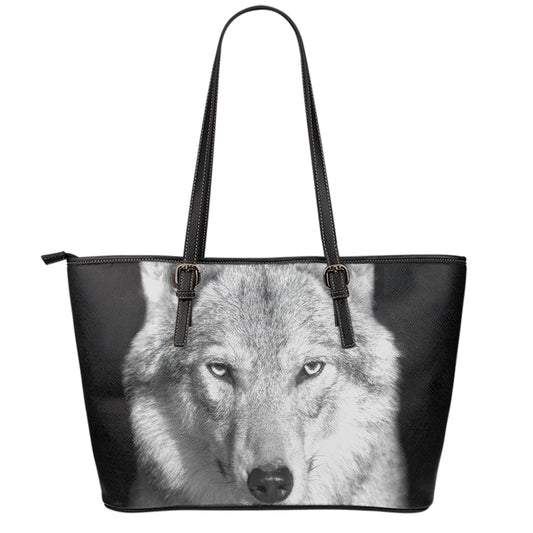 Monochrome Wolf Print Leather Tote Bag