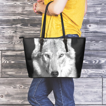 Monochrome Wolf Print Leather Tote Bag