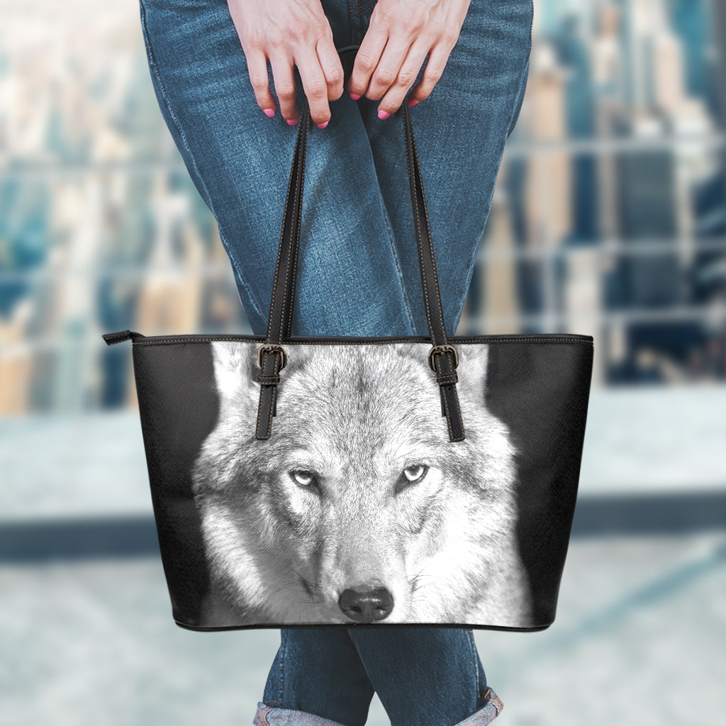 Monochrome Wolf Print Leather Tote Bag