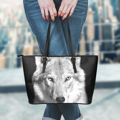 Monochrome Wolf Print Leather Tote Bag