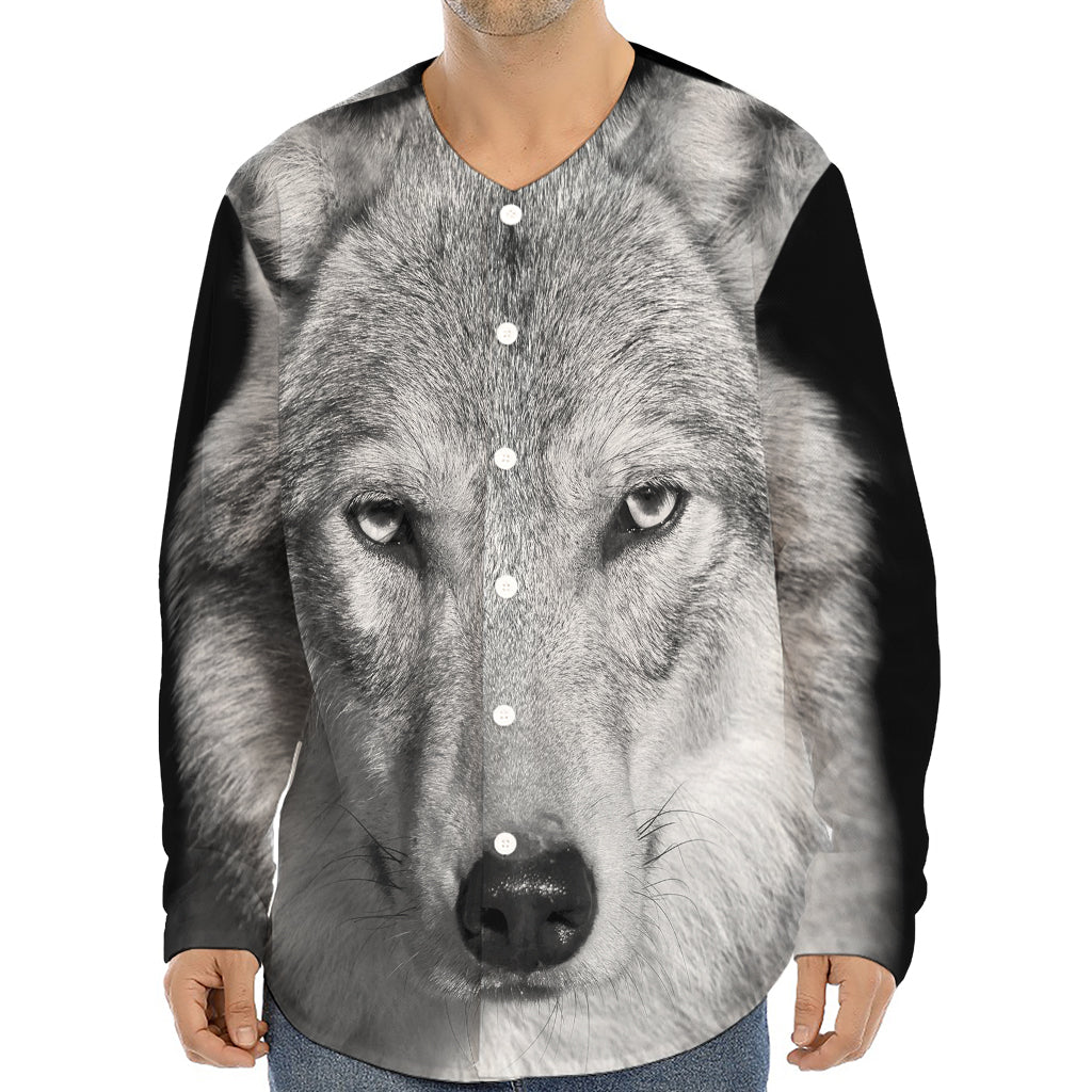 Monochrome Wolf Print Long Sleeve Baseball Jersey