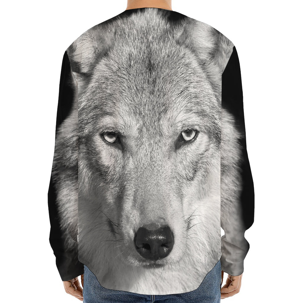 Monochrome Wolf Print Long Sleeve Baseball Jersey