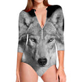 Monochrome Wolf Print Long Sleeve Swimsuit
