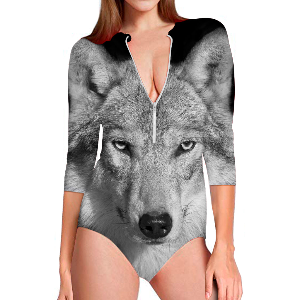 Monochrome Wolf Print Long Sleeve Swimsuit