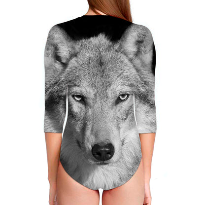 Monochrome Wolf Print Long Sleeve Swimsuit