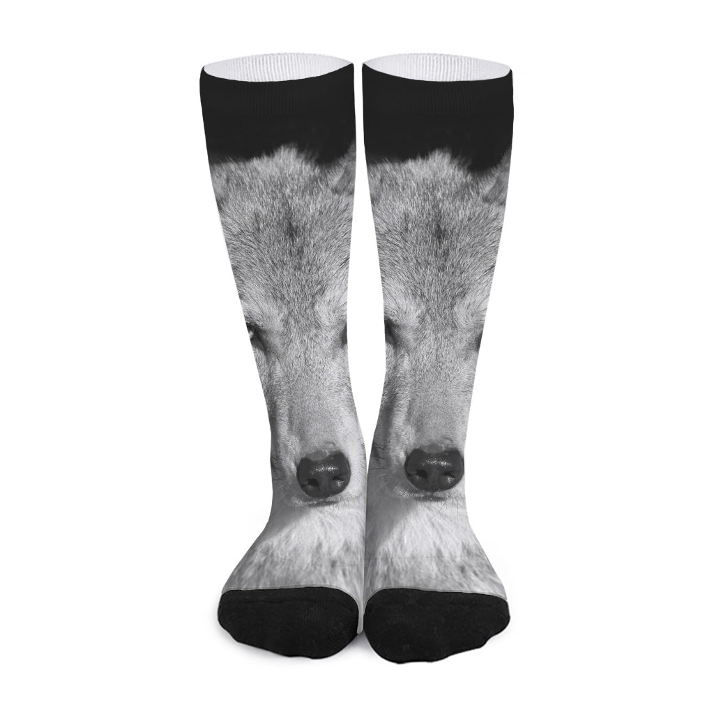 Monochrome Wolf Print Long Socks