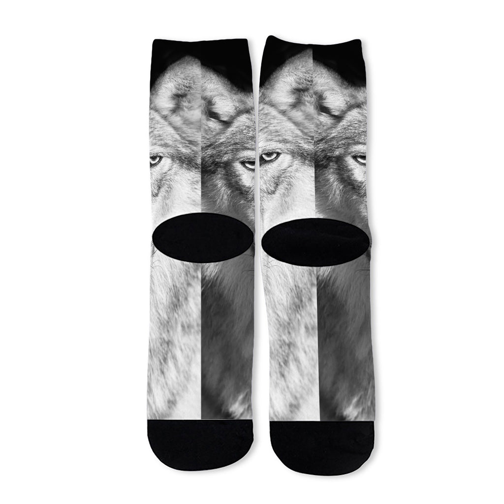 Monochrome Wolf Print Long Socks