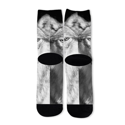Monochrome Wolf Print Long Socks