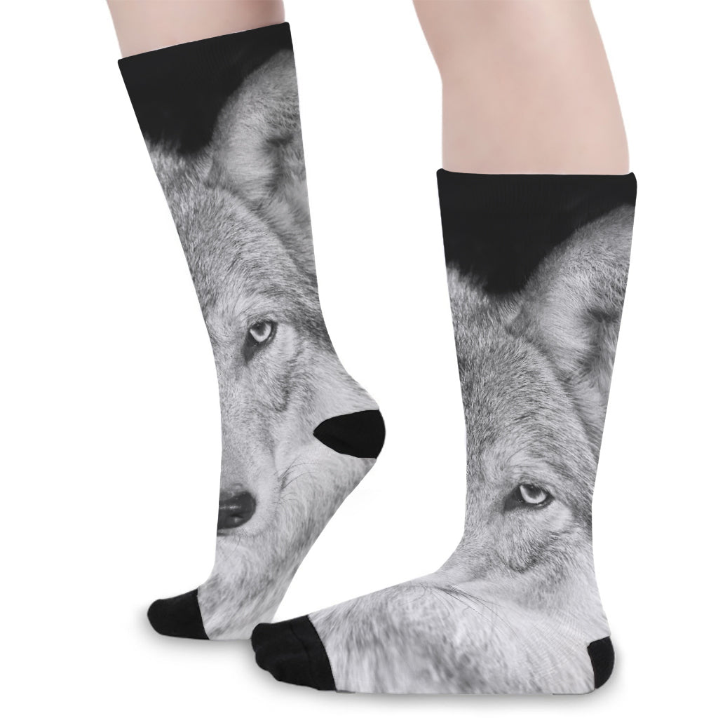Monochrome Wolf Print Long Socks