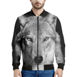 Monochrome Wolf Print Men's Bomber Jacket